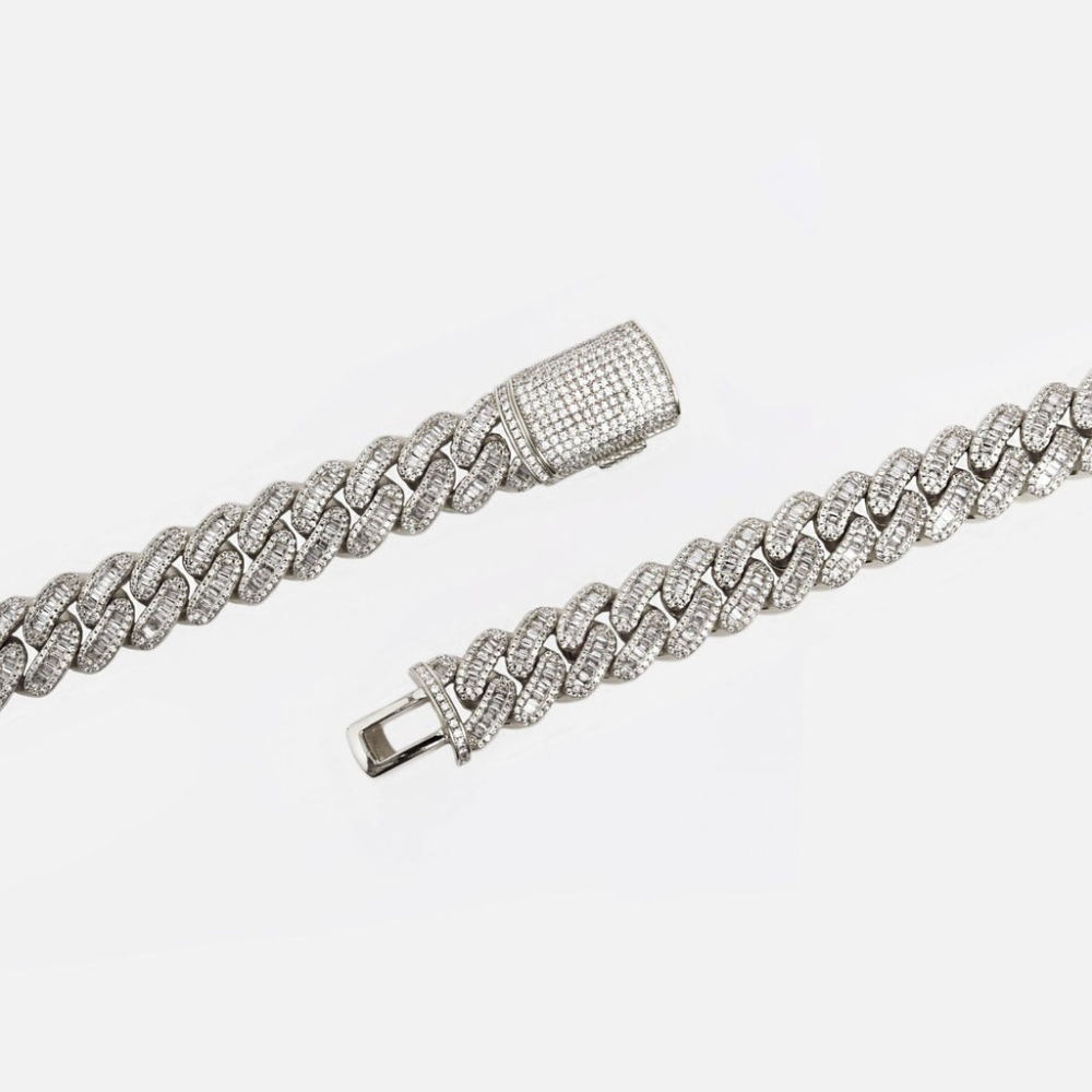 15MM BAGUETTE CUBAN LINK CHAIN - WHITE GOLD